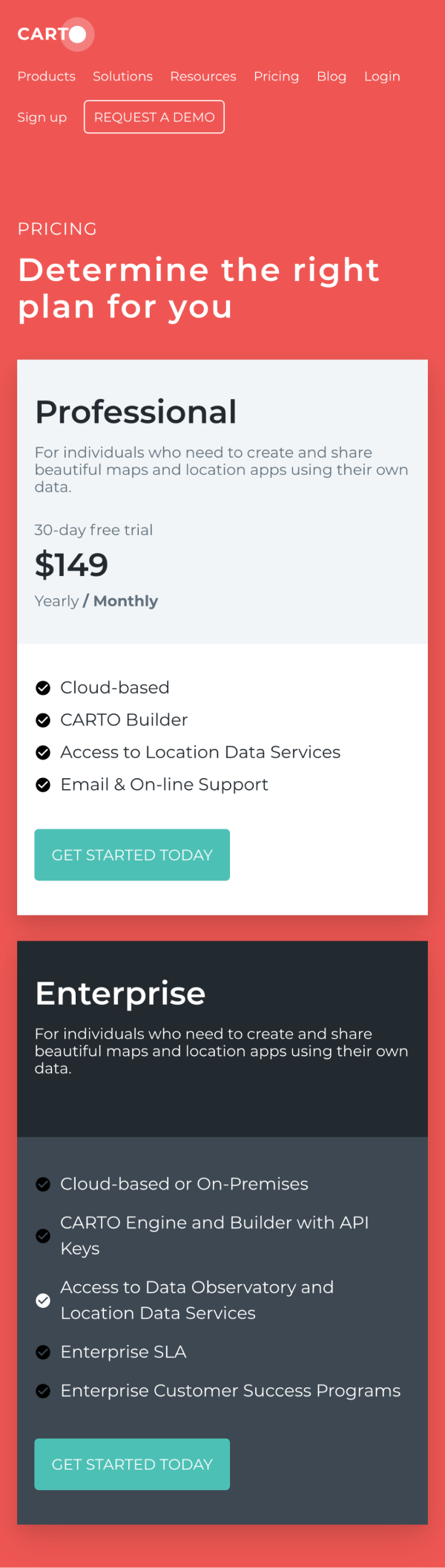 Screenshot of Carto pricing page demo on mobile device