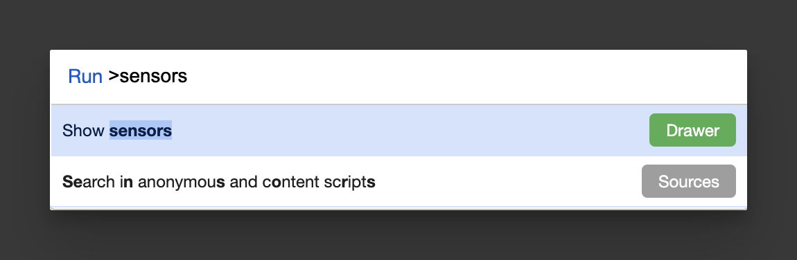 Chrome DevTools command menu, search for sensors